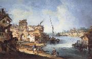MARIESCHI, Michele Buildings and Figures Near a River with Shipping Spain oil painting reproduction